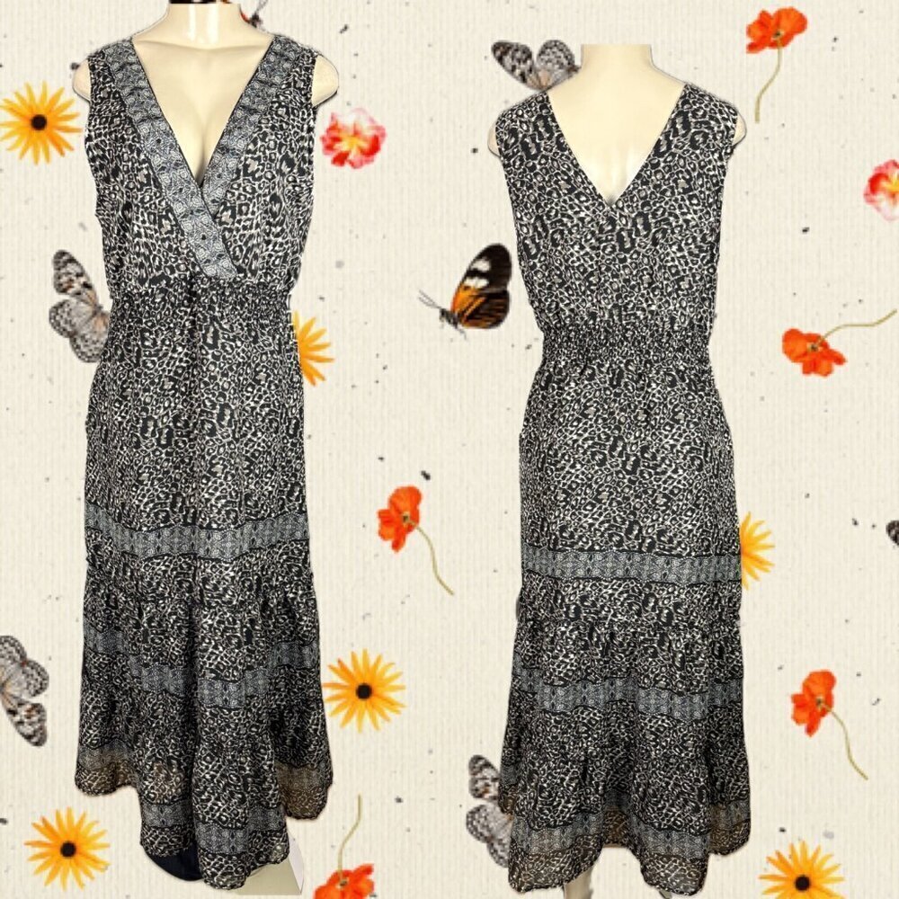 Cassee's M Animal Print Surplice Neck Shirred Lined Ruffle Sleeveless Maxi Dress